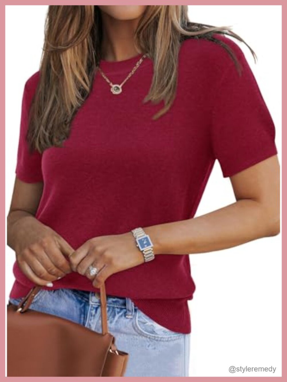 Wool Blend Short Sleeve Sweater Crew Neck Pullover Soft Anti-Pilling
